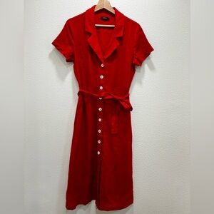 Quince Red European Linen Button Front Midi  Dress Chile XS Collar Old Money